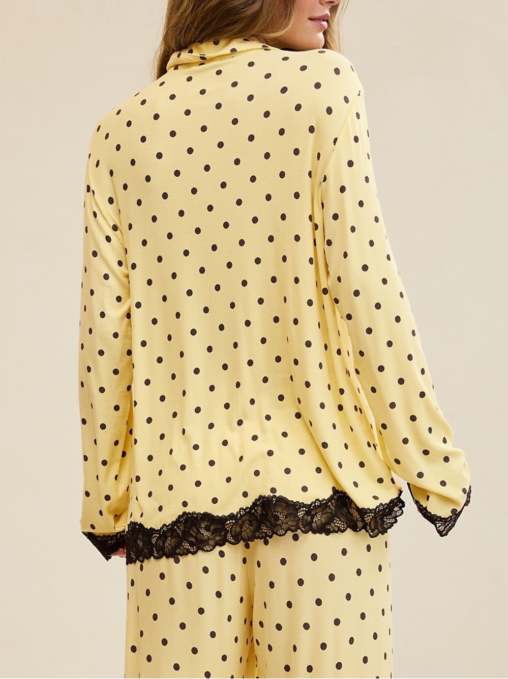 Aerie Real Soft Rib Polka Dot Lace-Trim Yellow Pajama Shirt, Large - Picture 2 of 6